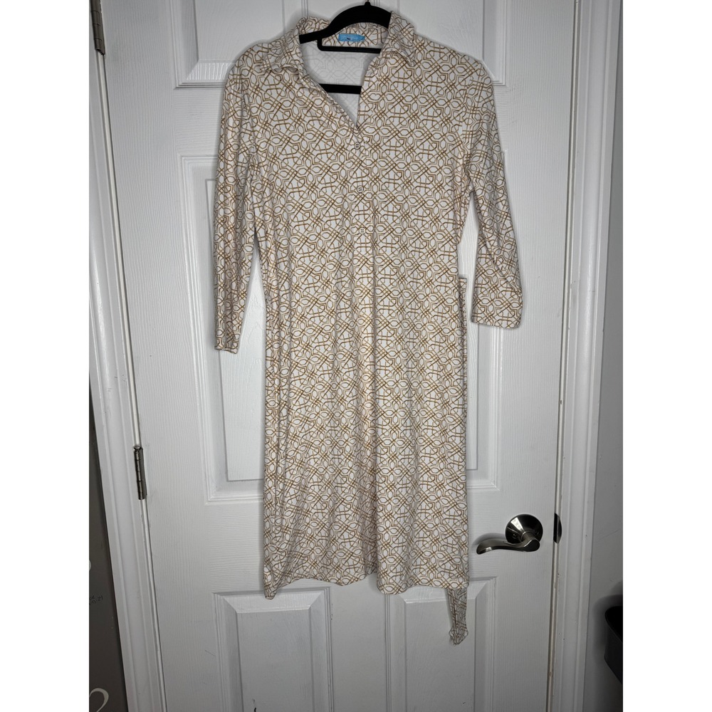 J. McLaughlin NWOT Gilcrist Belted Shirt Dress White Tan Geometric Print Size S‎